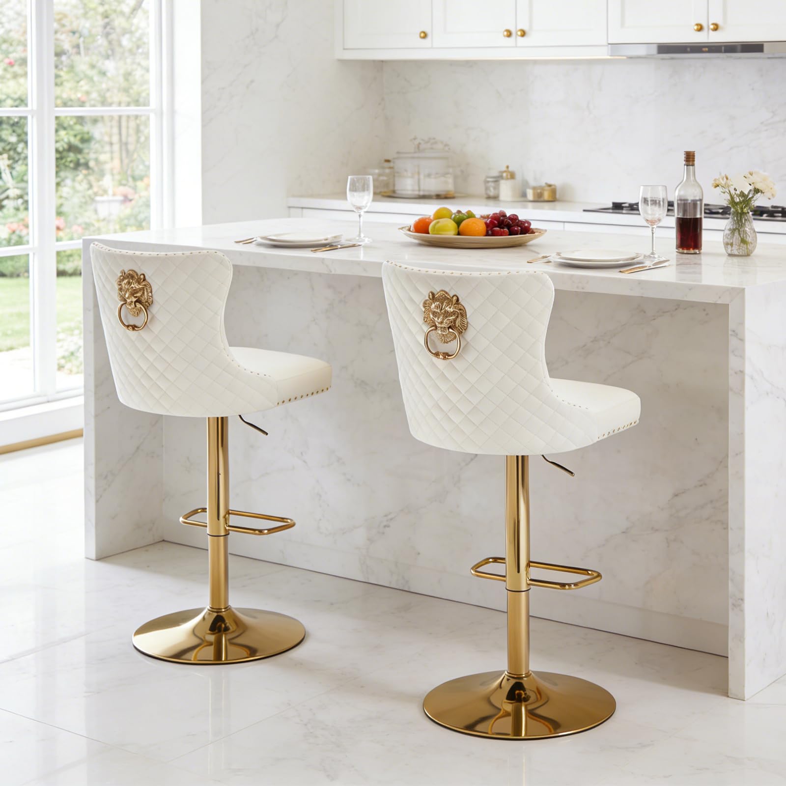 Relbiety Velvet Breakfast Bar Stools Set of 2 With Lion Knocker,Cream Gold