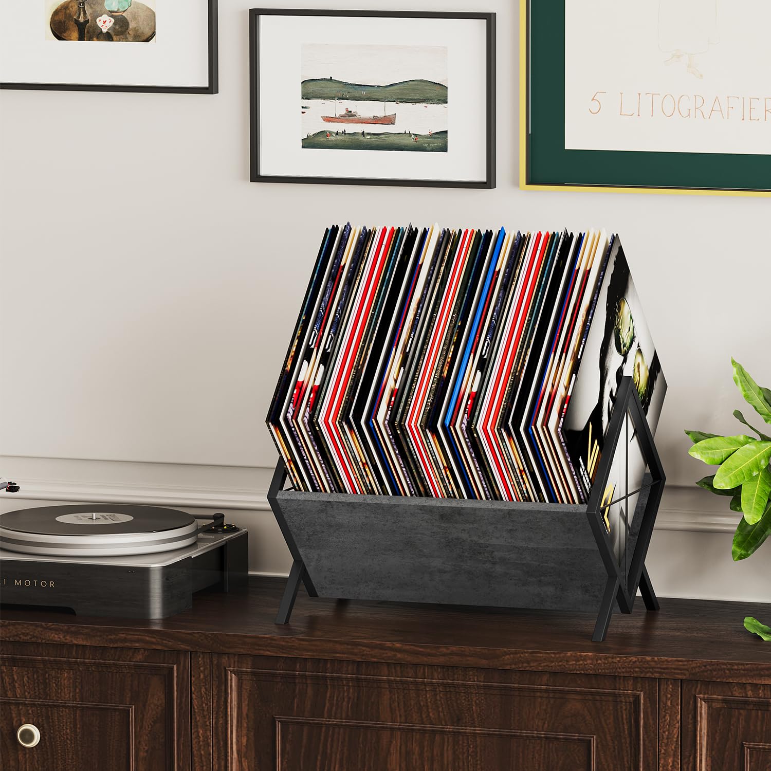 YINMIT Soporte para discos de vinilo, estante de almacenamiento de discos de vinilo de 80-100 LP, exhibición de discos de vinilo de montaje rápido, organizador de estilo retro para revistas, libros,