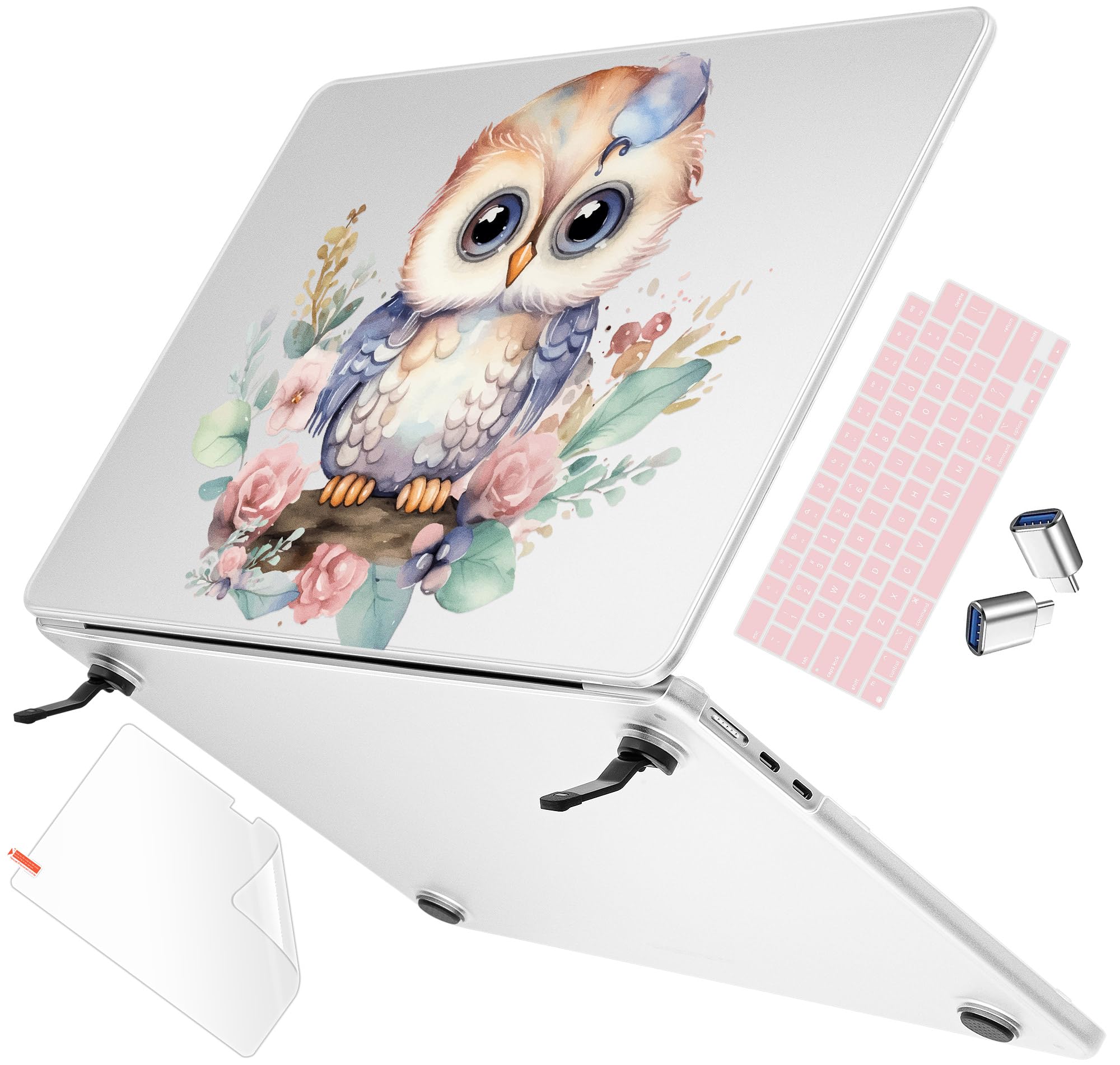 May Chen for M4 MacBook Air 13.6 inch Case A3240 A3113 A2681 M3 M2 2025 2024 2023 2022 Release, Fold Kickstand Pattern Hard Shell Case for M4 Air 13.6" Laptop with Keyboard Cover, Cute owl