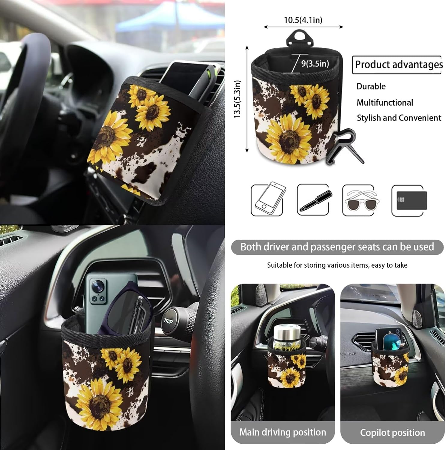 Wanyint Sunflower Brown Cow Print 15 PCS Car Seat Cover Full Set, with Steering Wheel Cover Seat Belt Pad Cover Trash Bin Rear View Mirror Cover Cup Holders Keychain Air Vent Storage Holder Car Decor