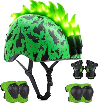 Kids Helmet with LED Lights, Toddler Bike Helmet with Knee Pads and Elbow Pads Set for Boys Age 2-6, Adjustable Kids Bike Helmet for Cycling Scooter Skateboard & Night Riding