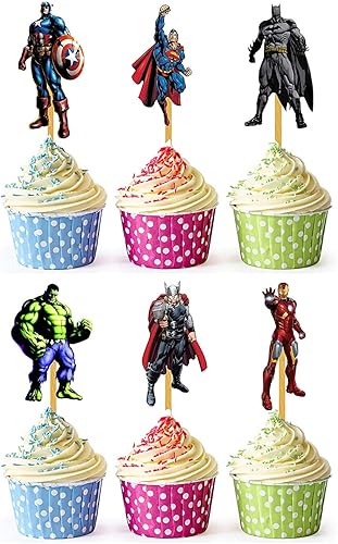 makeanni - 24 piezas de superhéroes para cupcake, suministros de fiesta, decoración de pastel de cumpleaños, tazas de frutas, suministros de fiesta