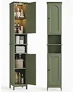 HAIOOU 67" Tall Bathroom Storage Cabinet with Light,11.8"W Narrow Bathroom Cabinet with Adjustable Glass Shelves,Slim Freestanding Cabinet for Small Spaces,Skinny Cabinet for Kitchen,Living Room Green
