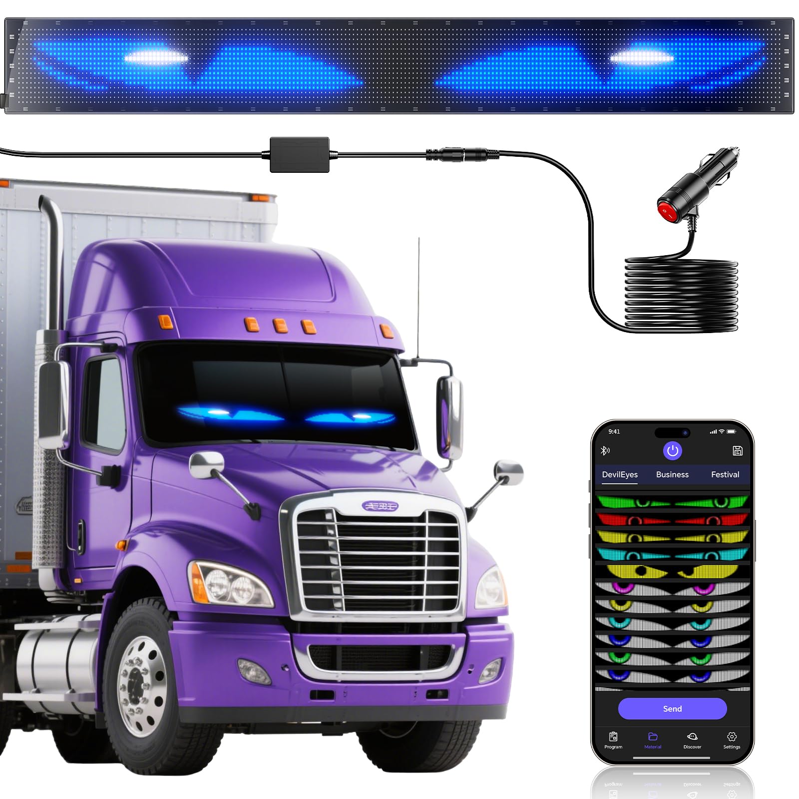 Devil Eyes Light for Cars,Flexible Scrolling Programmable LED Signs,LED Eyes for Truck Windshield,Custom Editor Colours,Animations,Text