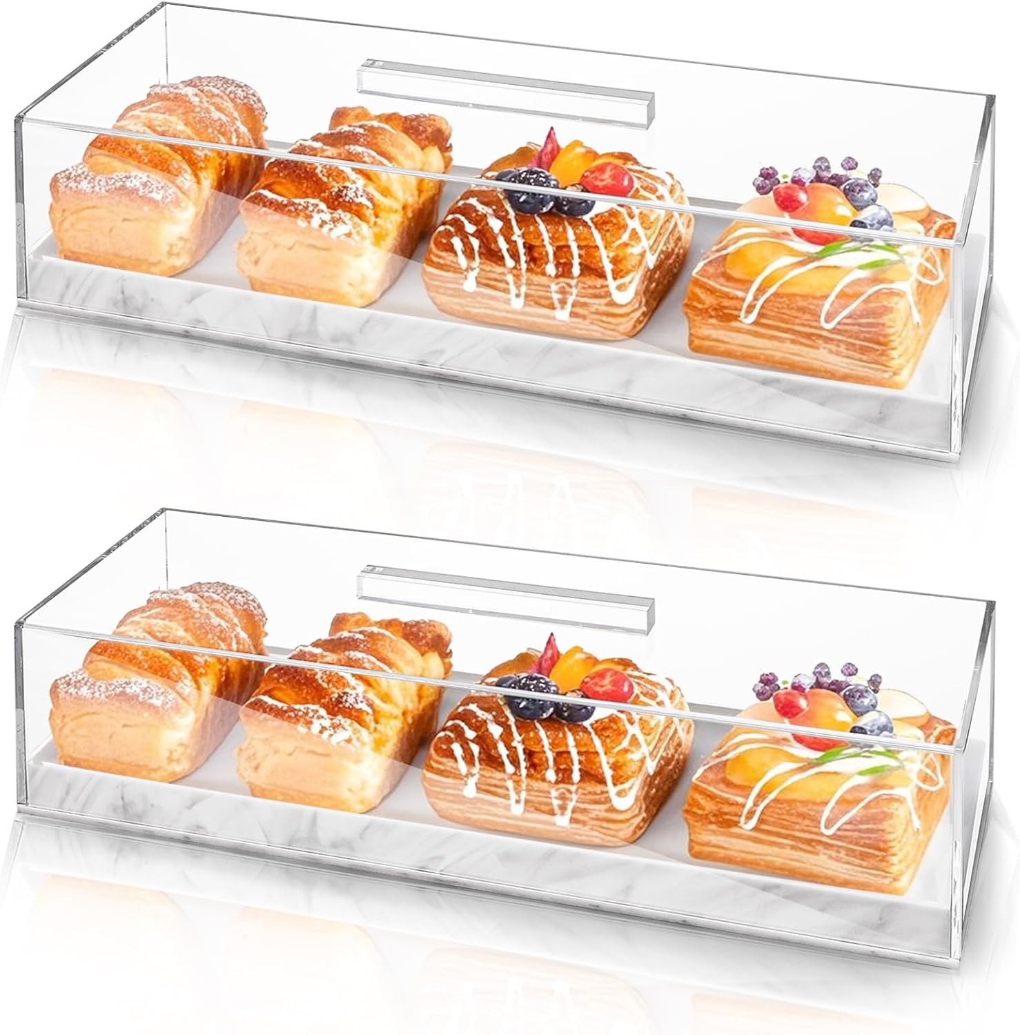 Kingrol 2 Pack Rectangular Acrylic Cake Trays with Lids, 13.75 x 5.12 x 3.5 Inch Marbleized Cake Stands for Loaf Cakes, Bread, Pastries & Charcuterie