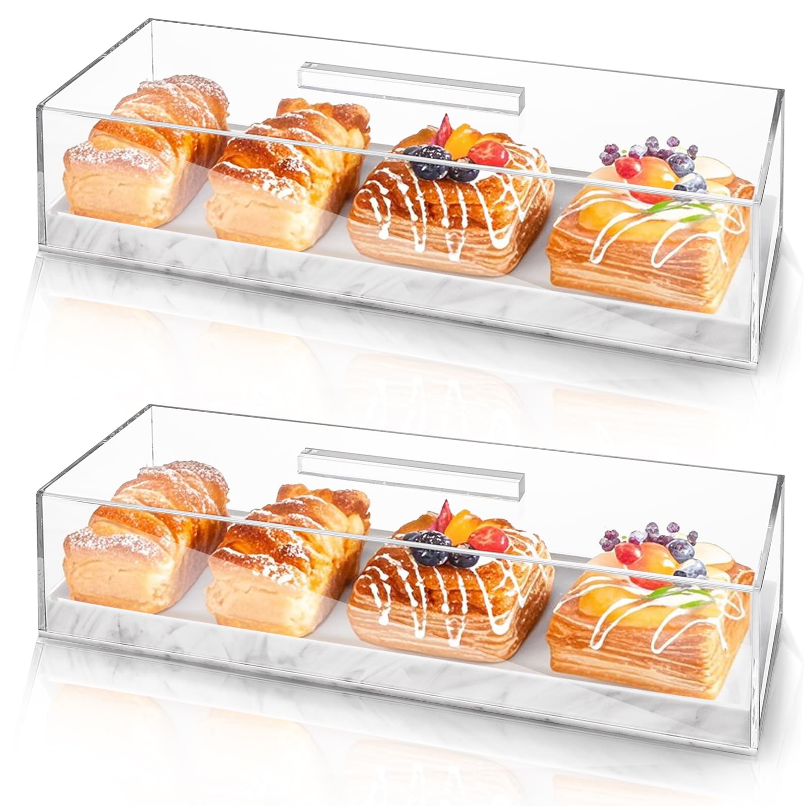 Kingrol Rechteckige Kuchenformen aus Acryl mit Deckel, 35 x 13 x 8 cm, marmorierte Kuchenständer für Kasten, Brot, Gebäck und Wurstwaren, 2 Stück