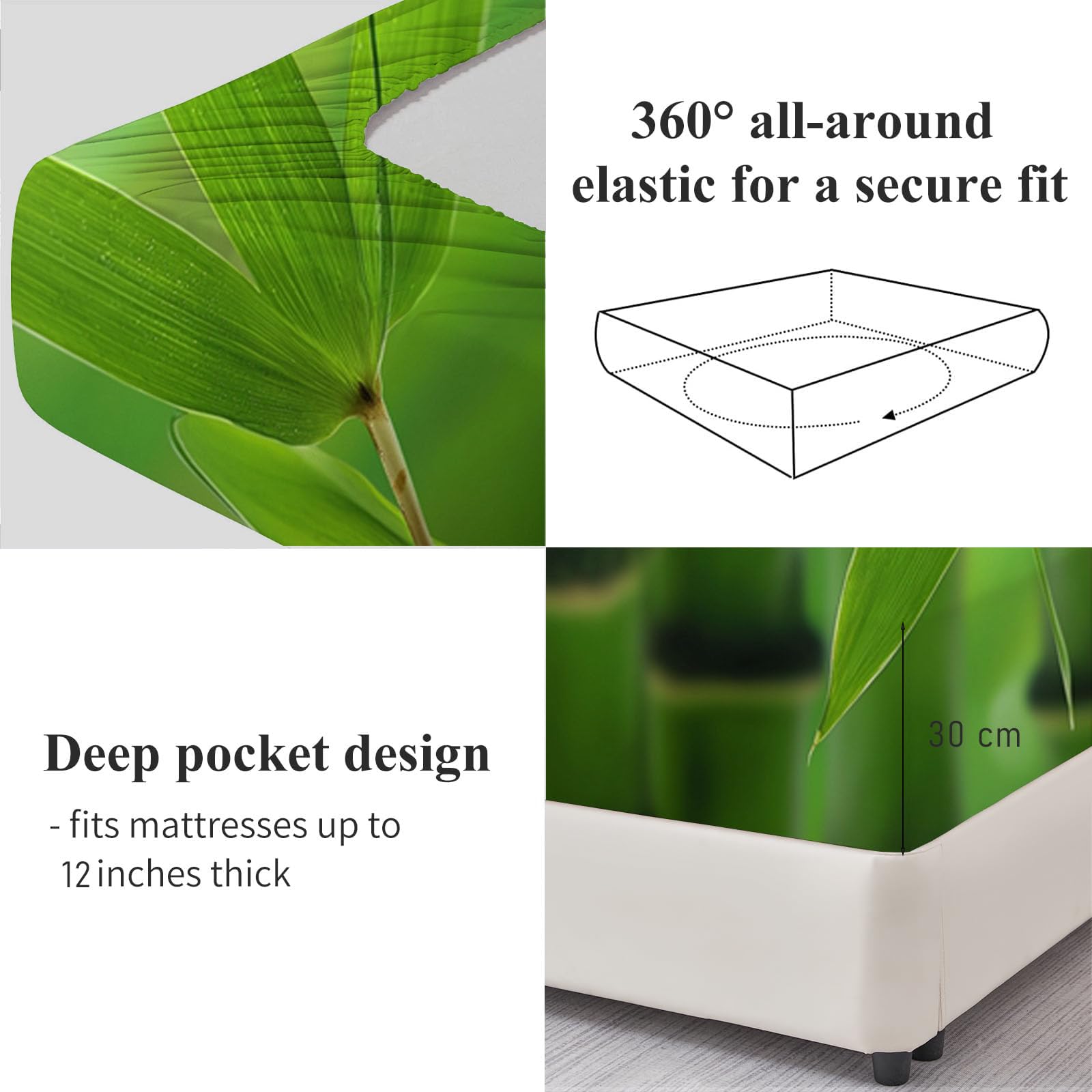 Sábana Ajustable Suave Plantas Naturales Guijarros Negros Bambú Impresión, Verde Microfibra Suave Transpirable Sábana Ajustable, 180x200cm Elástico en el Borde Bolsillo Profundo 30cm