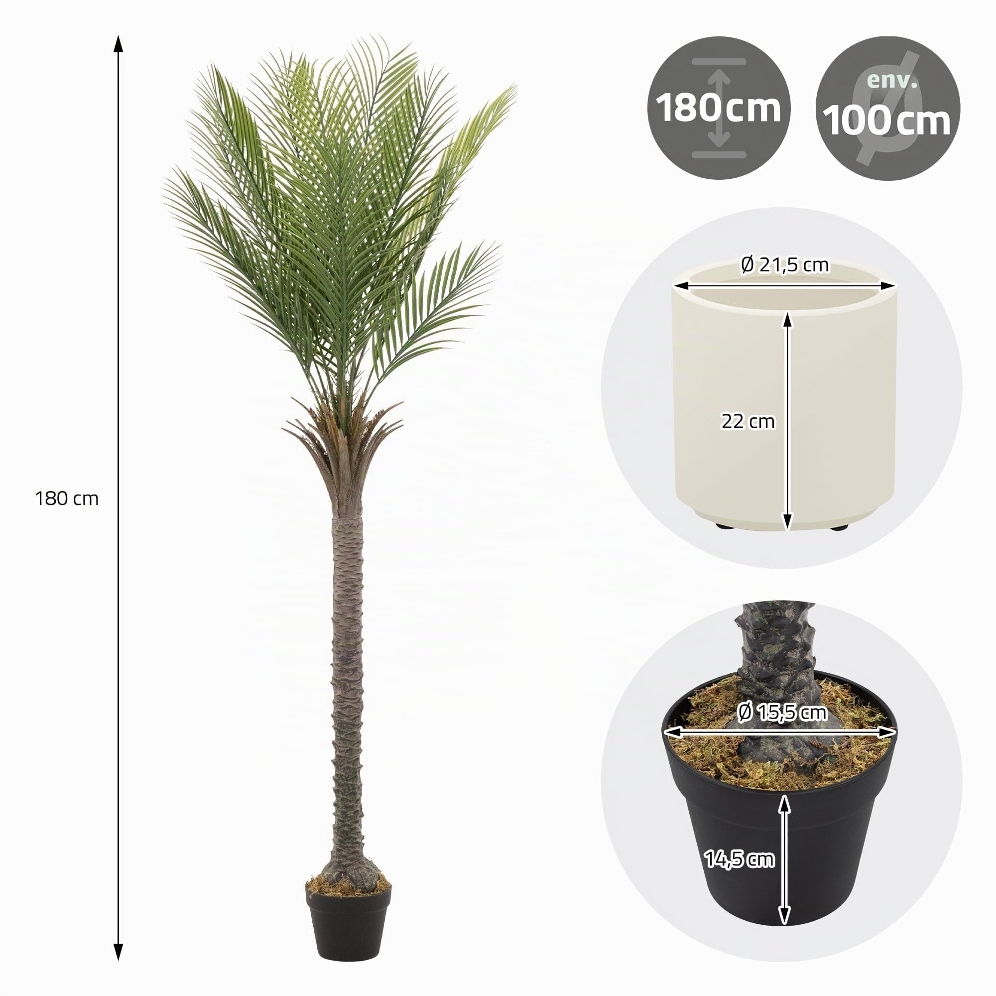 ML-Design Palmier Artificiel 180 cm, Plante Artificielle Grande, Palmier Tropical Artificiel, Fausse Plante en Plastique, Aspect Naturel, Arbre en Pot, Décoration pour Intérieur/Extérieur Salon Bureau