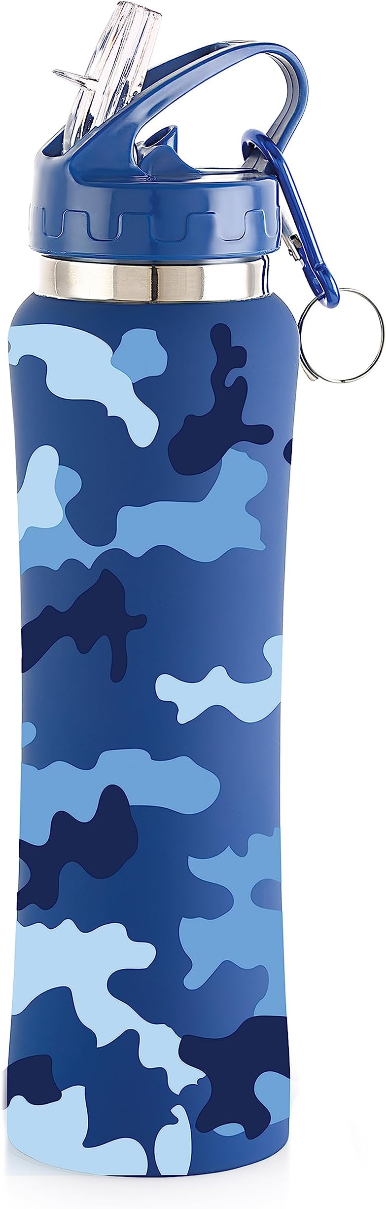 NIRLON Flip Bot Stainless Steel Rubber Finish Water Bottle With Straw Lid For Fridge, School,Gym,Home,Office,Boys, Girls, Kids, Leak Proof(Uv Printed Bottle|Blue Camo|Sipper Cap), 750 Ml