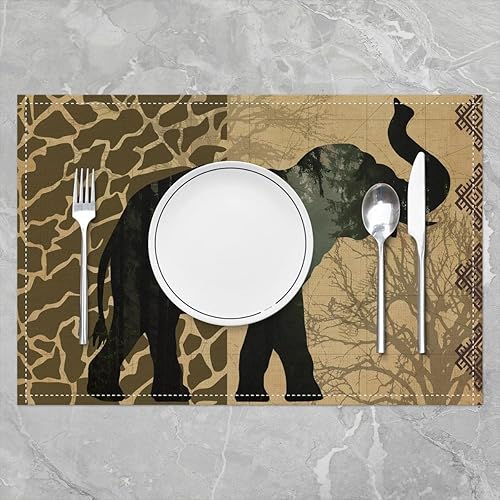 Miniatura 2 de Juego de 4 manteles individuales de elefante salvaje de 12 x 18 pulgadas, diseño de silueta africana de vida silvestre para niños, adolescentes y