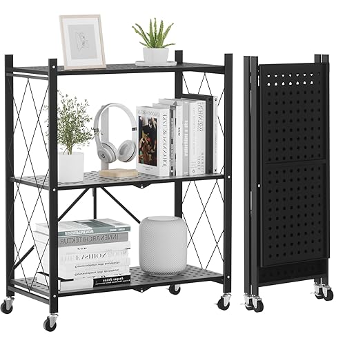 ALANNG Heavy Duty 3-Tier Folding Shelf with Wheels, No Tools