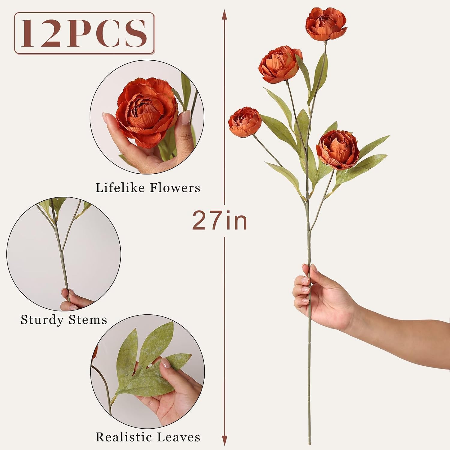 12 Pcs 27" Faux Silk Peony Artificial Fall Flowers Stems for Vase (Orange) image 5