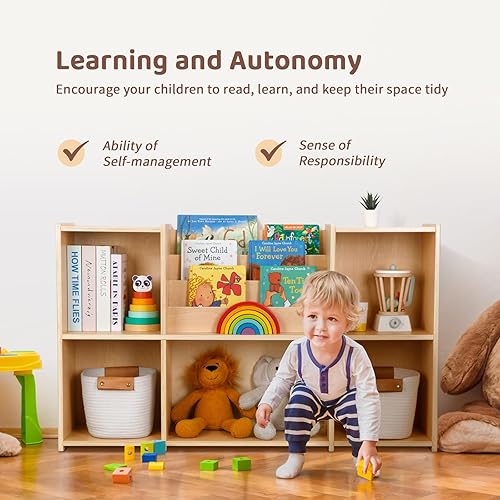 Miniatura 5 de OOOK Montessori Estantería y organizador de almacenamiento de juguetes, estantería horizontal de 2 niveles, armario de almacenamiento de juguetes de