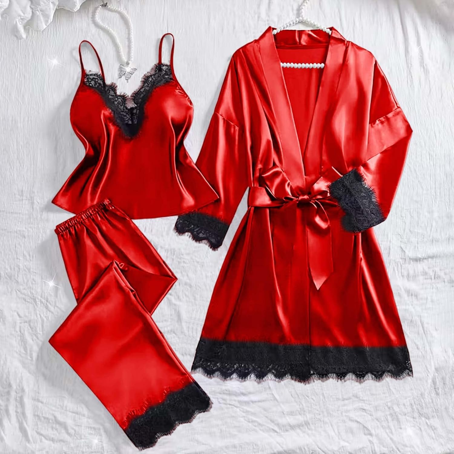 Women' s Silk Satin Pajamas Set 3 Piece Lingerie Floral Lace Cami Chemise Pants Sleepwear with Robe Loungewear