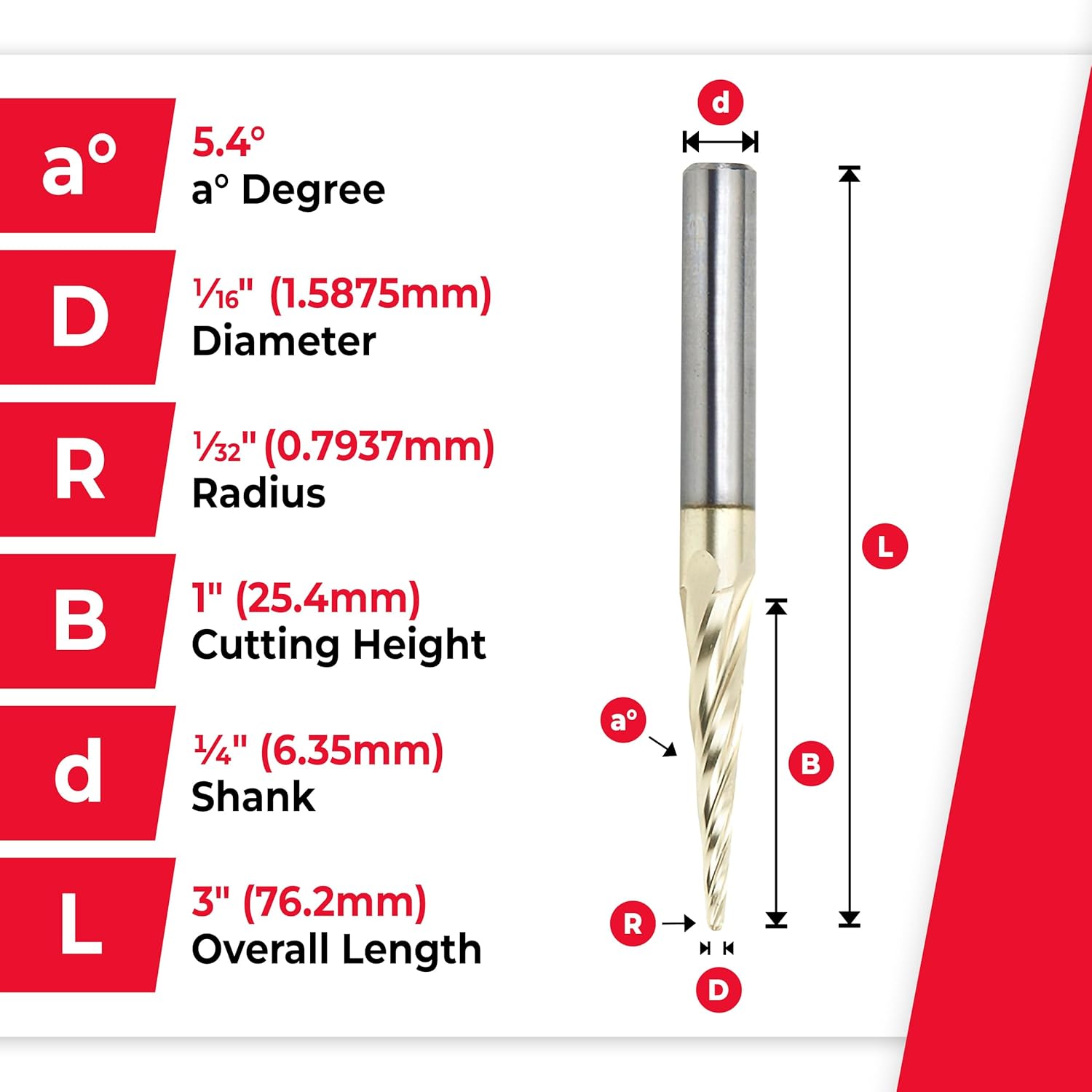 Amana Tool Up Cut Spiral CNC Router Bits for 2D/3D Carving, ZrN Coated, 46282, 5.4 Deg Tapered Angle Ball Tip 1/16 D x 1/32 R x 1 x 1/4 Shank 4 Fl
