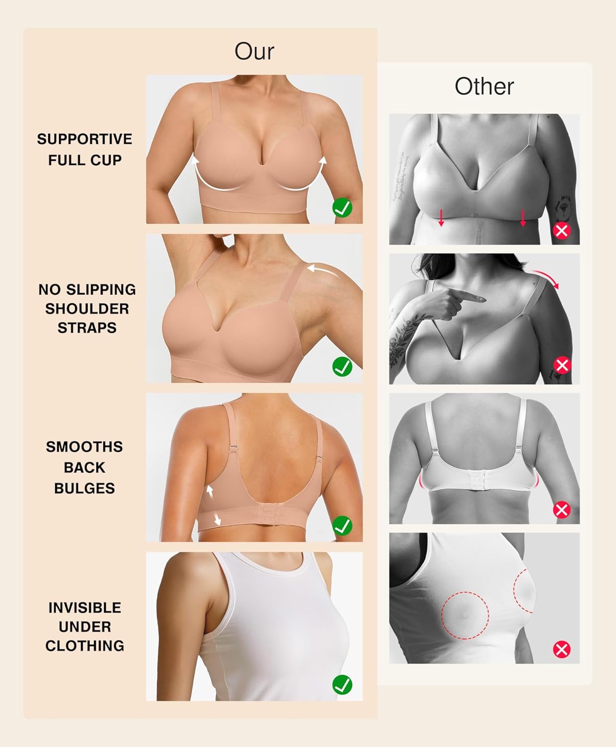 Popilush Bras for Women No Underwire Supportive Push Up Bralettes Wireless Full Coverage Plus Size T-Shirt Bra - Image 3