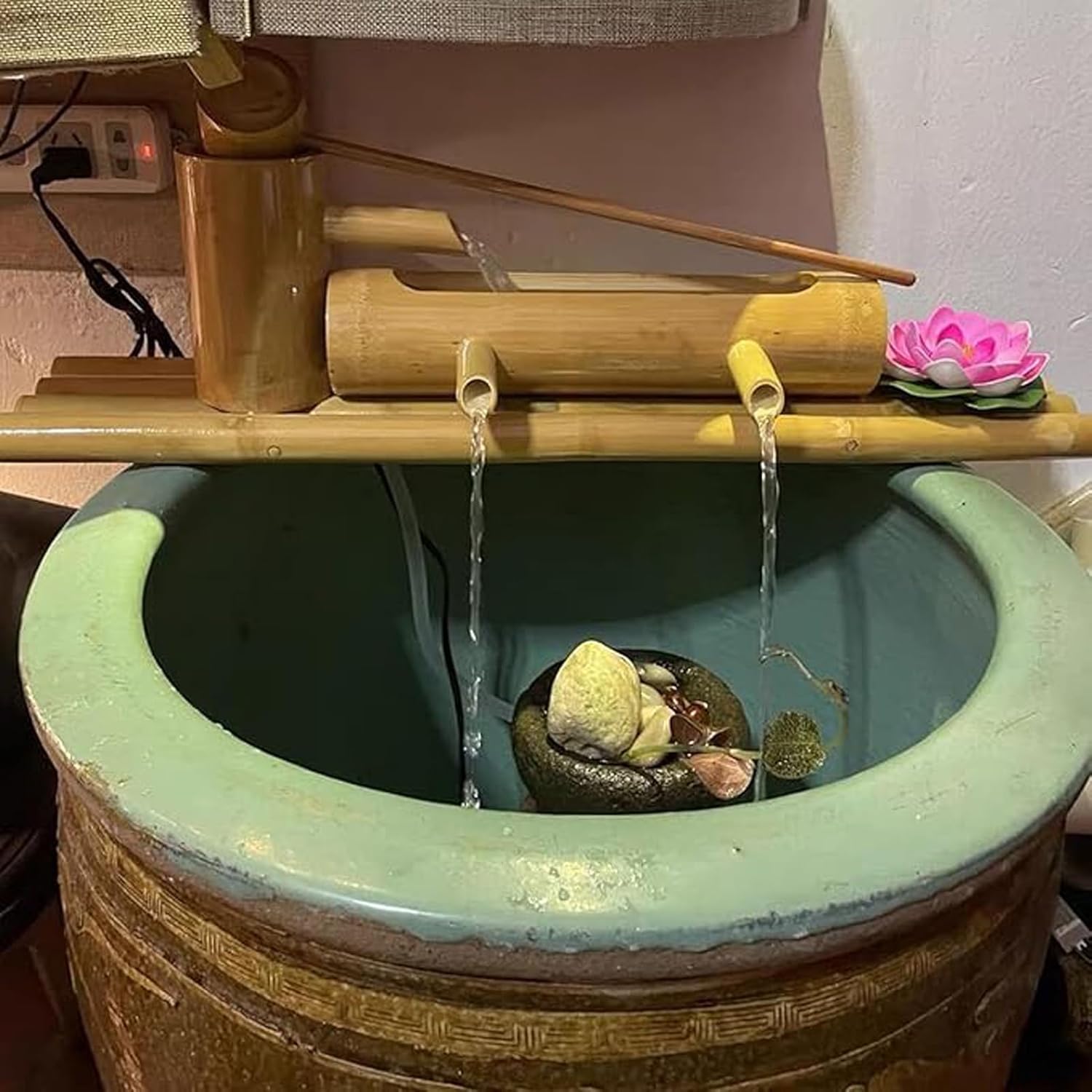 Handmade Bamboo Fountain, Solar Water Feature, Feng Shui Zen Decor, Natural Bamboo Spout with Pump, for Garden Pond, Fish Tank, Stone Basin, Lawn or Backyard, 24in(60cm)