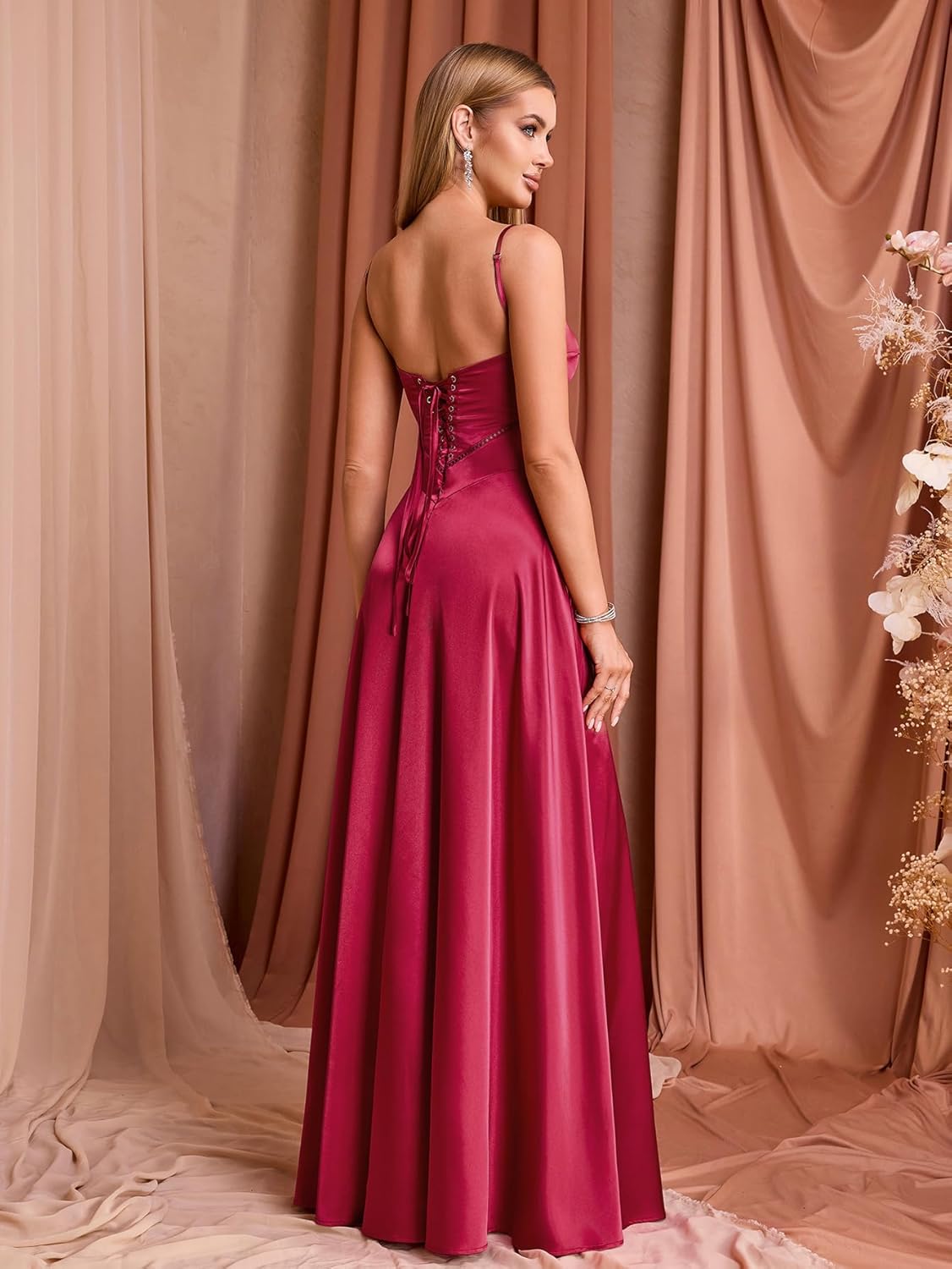 KUTUMAI Satin Maxi Dress Spaghetti Strap Lace Up Long Formal Dresses for Women Wedding Guest Cocktail Evening Prom - Image 3