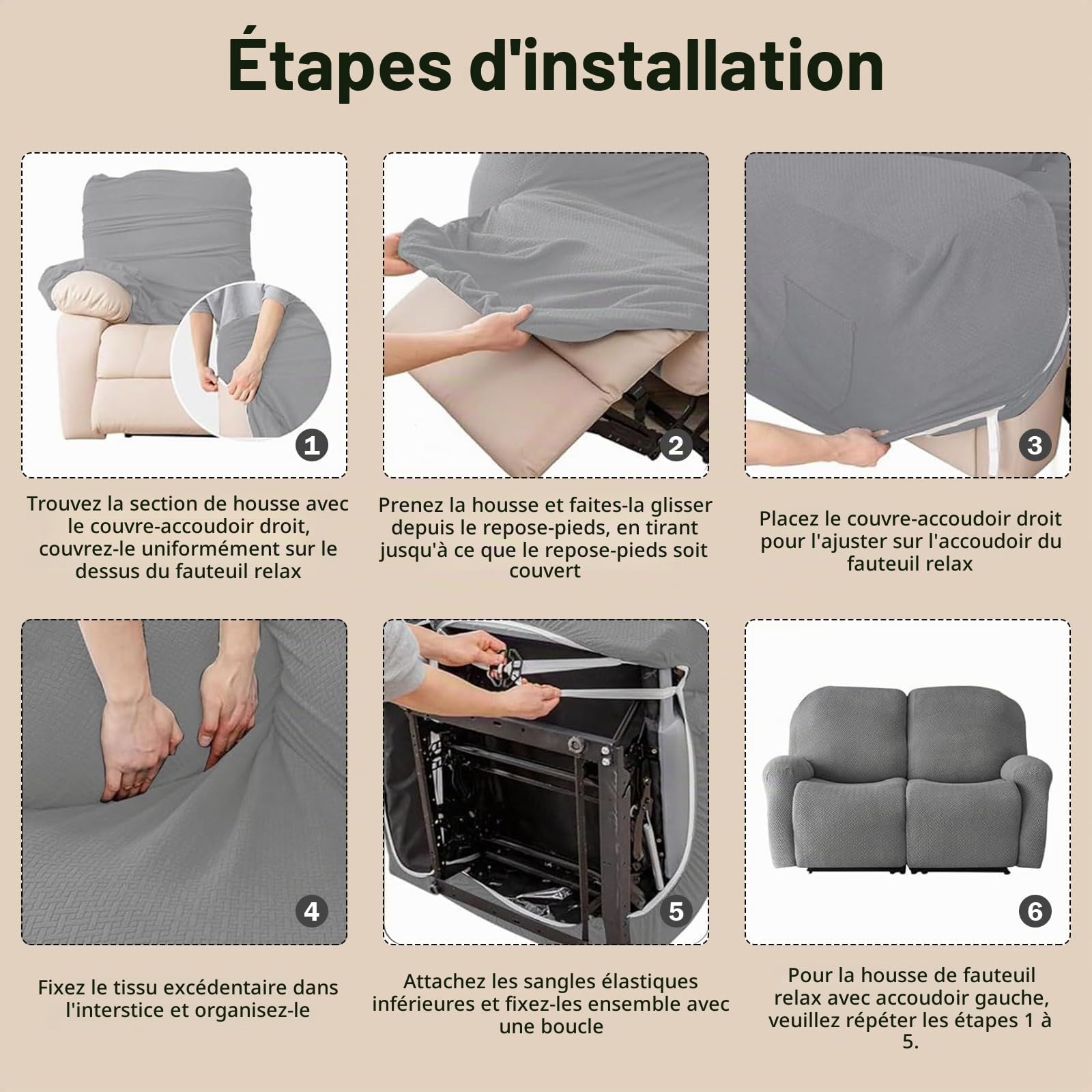 Housse Fauteuil Relax 2 Places,Housse de Fauteuil Extensible avec Poches, Housse Canapé Relax Jacquard Rayé Tout Compris, Protège Fauteuil pour Fauteuil Inclinable (Gris Clair, 6 Pièces)
