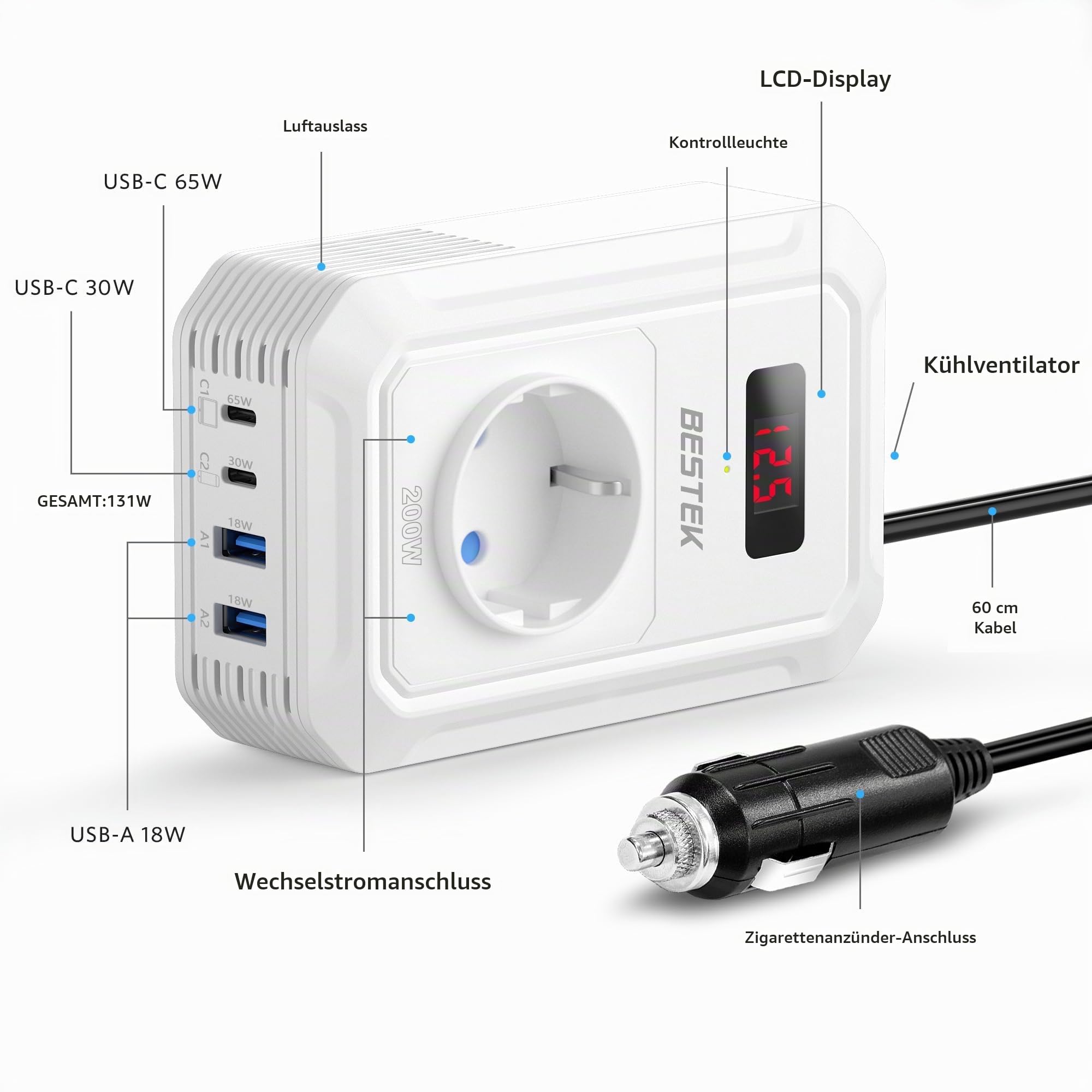 BESTEK 200 W Spannungswandler 12 V auf 240 V 230 V AC Auto-Wechselrichter, mit 3-pin Steckdosen, 2 18-W USB und 2 USB-C Anschlüssen Zigarettenanzünderstecker, von Laptops, iPhones, und mehr, Weiß