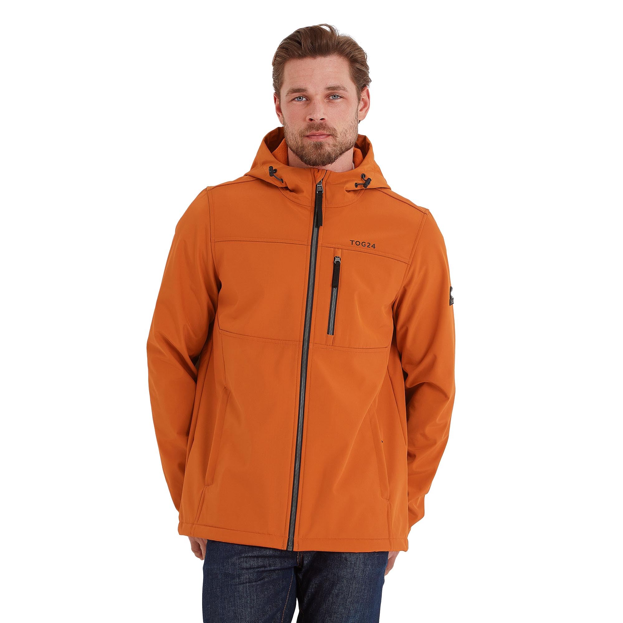 Tog24 Men's Dark Orange Truro Softshell Jacket Made From Durable Ripstop Fabric & Microfleece Bonded To The Inside. Keep Valuables Safe With 2 Lower Zip Pockets & A Zip Chest Pocket.