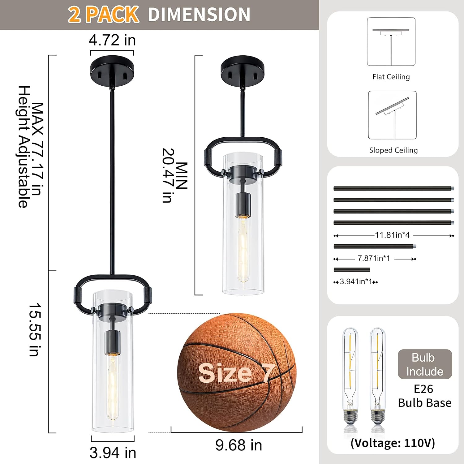 2 Pack Glass Pendant Light Fixtures, Farmhouse Black Pendant Lights Kitchen Island with Cylinder Glass, Adjustable Pendant Lighting for Kichen Dining Room Bathroom E26 Bulbs Included