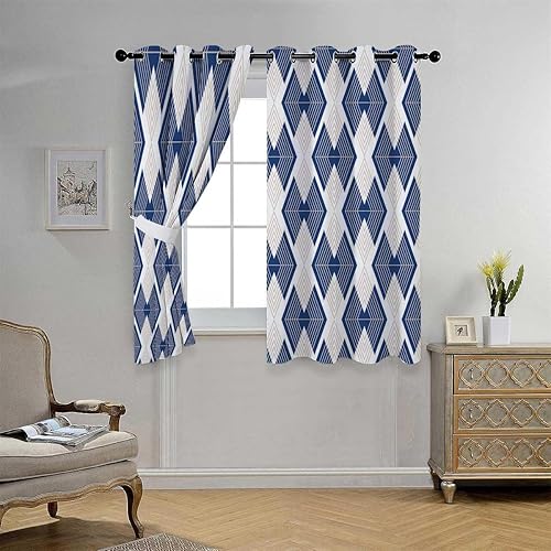 Miniatura 2 de Cortinas De Cocina Modernas Dark Blue Lattice Geometry Polka Dots Nordic Curtains for Sliding Door Tapestry Curtains 72Inch Width by 85Inch Length,2