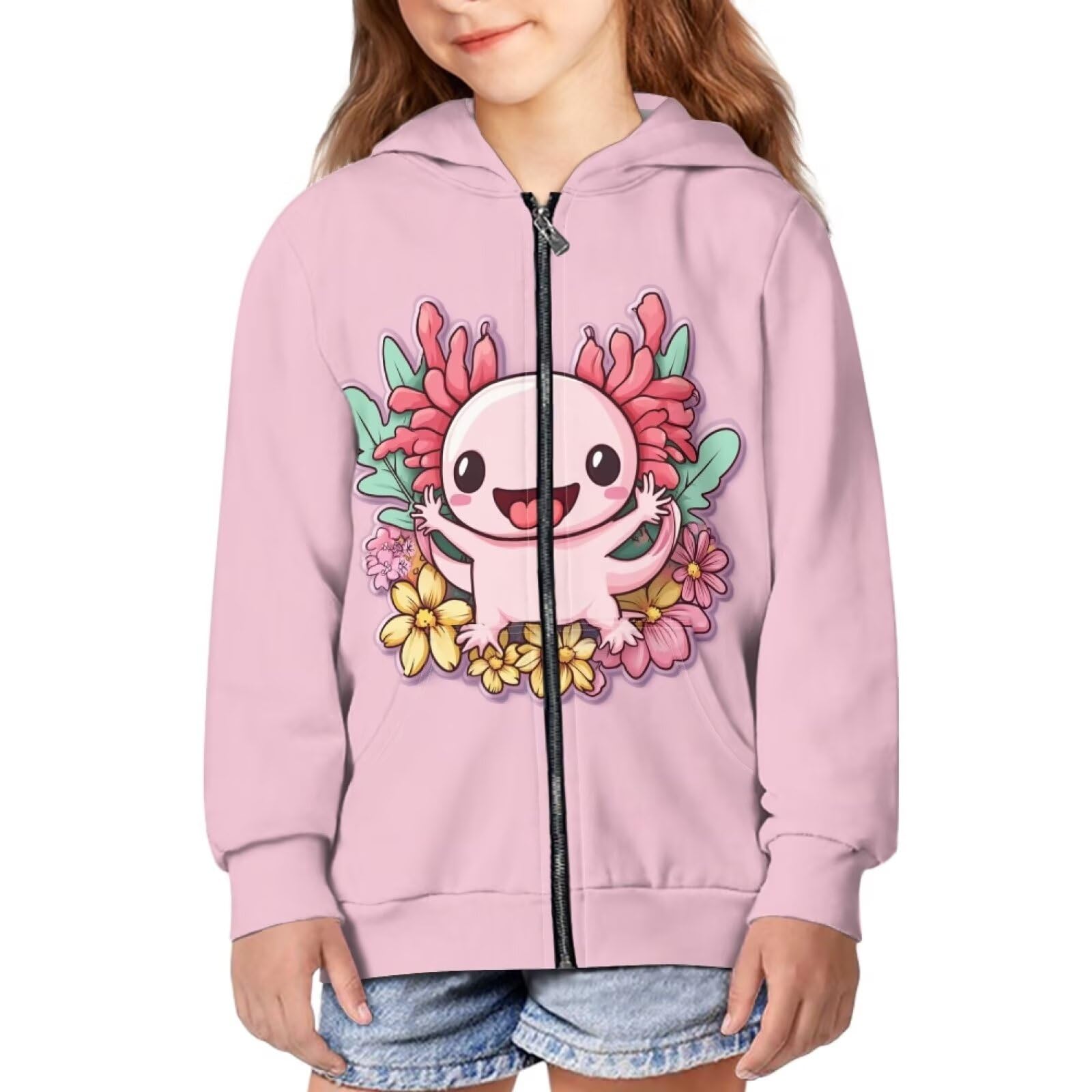 Yruonazao Pink Axolotl Hoodie for Kids Zip Up Hoodie Girls Winter Clothes Crewneck Sweatshirts Zipper Sweatshirts Long Sleeve Tops Warm School Sports with Front Pocket Clothes for Youth Girls