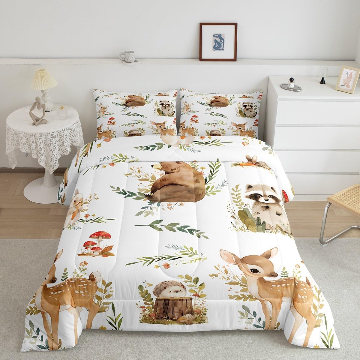 Erosebridal Kids Cute Deer Full Size Bedding Set, Woodland Animal Down Comforter Rabbit Hedgehog Comforter Set for Boys Teens Girls Room, Mushroom Branches Rustic Quilt, Soft Microfiber