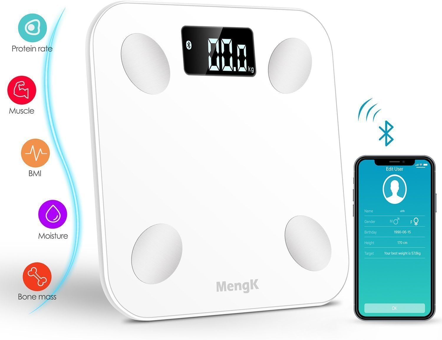 Digitale Personenwaage Körperwaage MengK Intelligente weiße Badezimmerskala mit 10 Körper Statistiken, Schritt auf Technologie, 3kg-180kg, LCD Bildschirm für die Familie