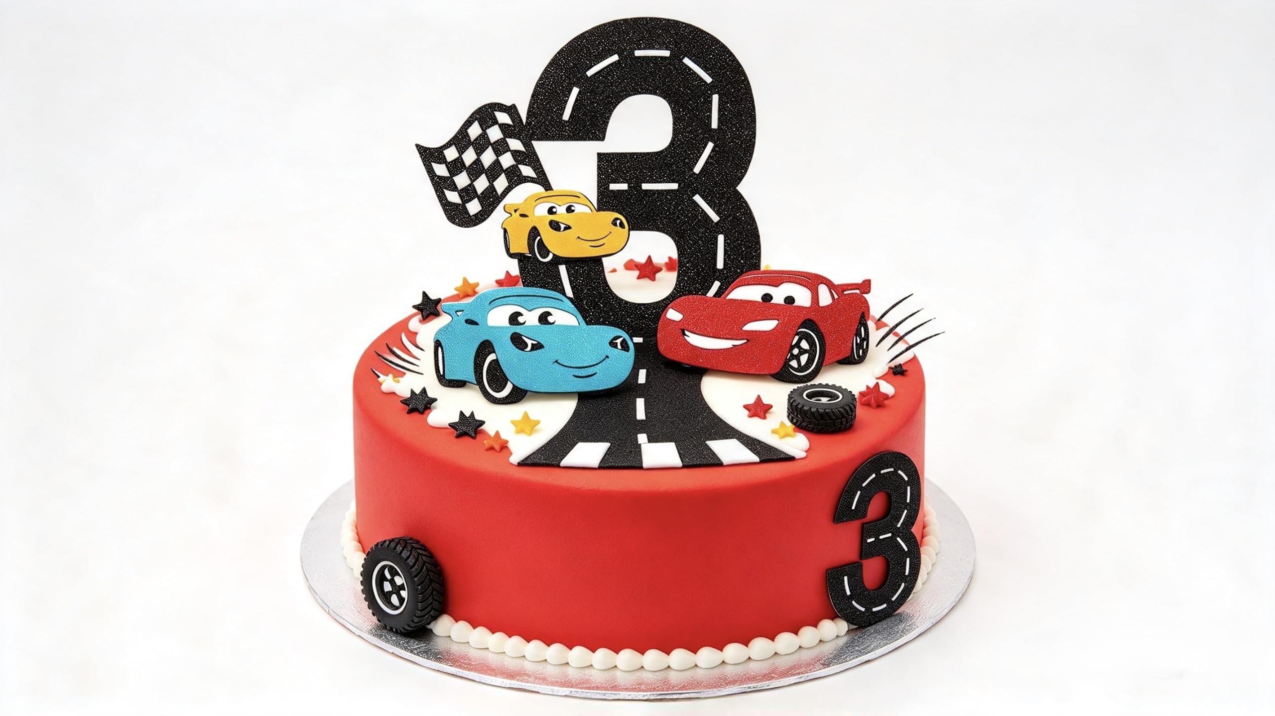 JPlayko Race Car 3rd Birthday Cake Topper, Three Fast Theme, Glitter Card, Checkered Flag, Double Sided