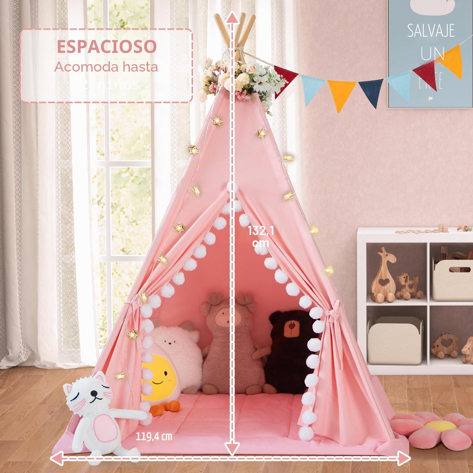 WIRHAO Tienda de campaña tipi para niños con alfombrilla acolchada, lona de algodón, tienda de campaña para pequeños con pompones y luces de estrellas, bolsa de transporte