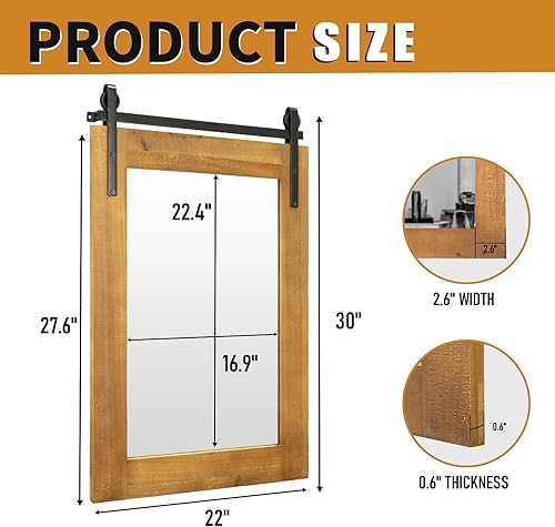 Miniatura 5 de Espejo de pared de granja, 22 x 30 pulgadas, espejos de pared con marco de madera rústica, estilo puerta de granero, espejo decorativo rectangular