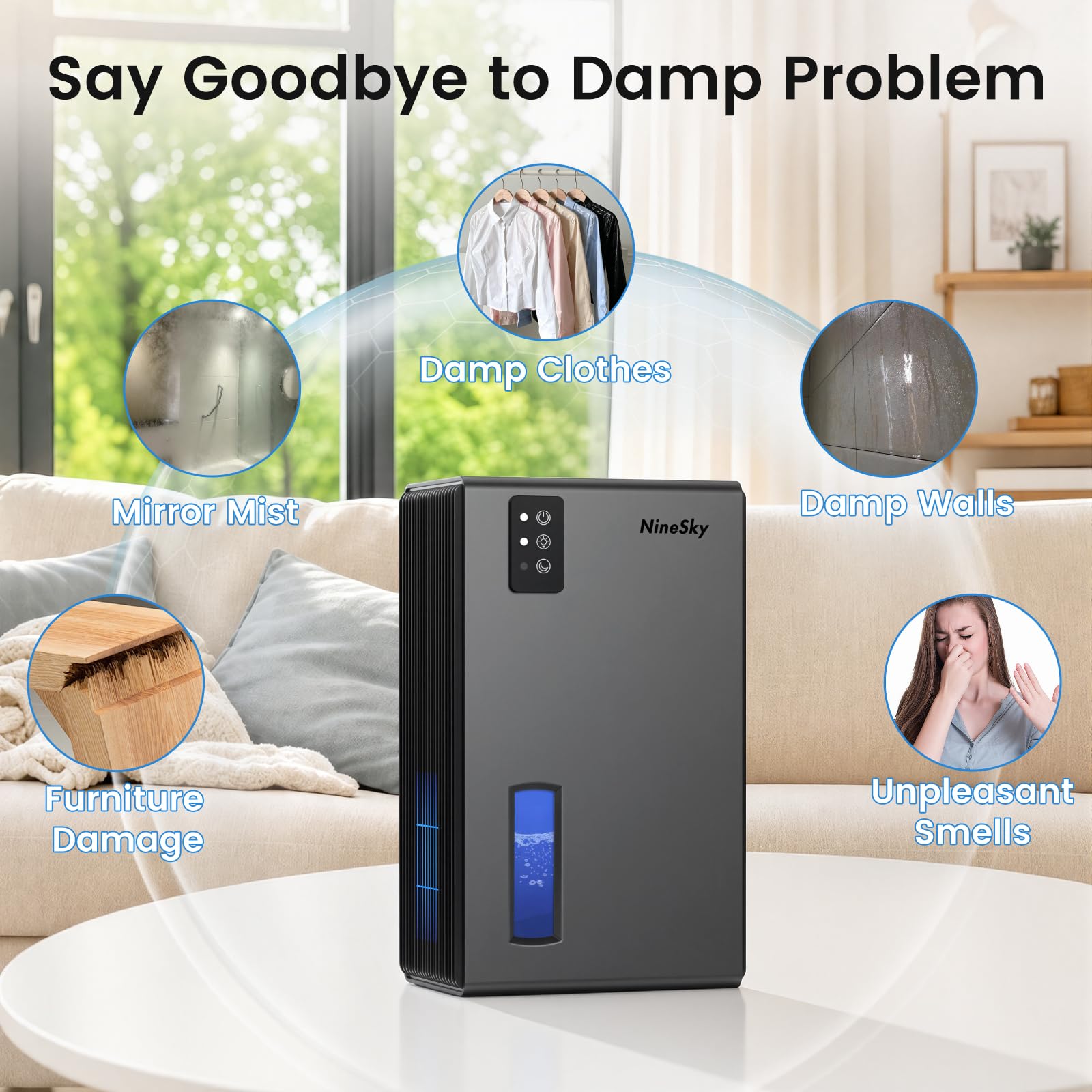 NineSky Deumidificatori per la casa, 1000 mq, deumidificatore con serbatoio dell'acqua da 2,7 l, deumidificatore silenzioso per cantina, bagno, camera da letto, con luce ambientale a 7 colori e