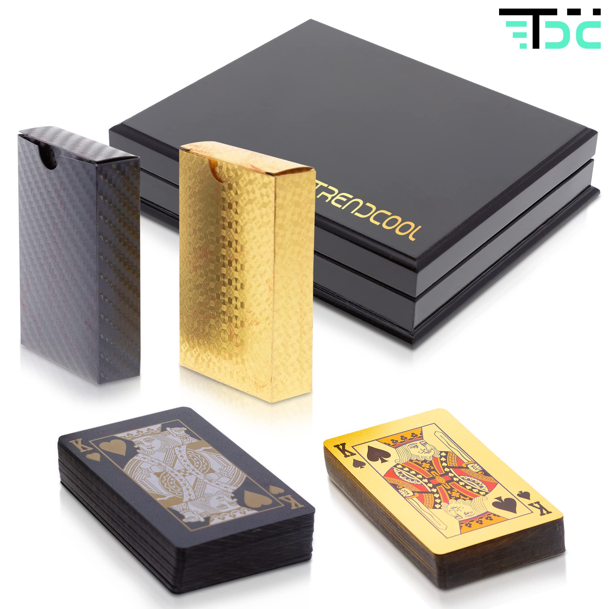 Cartas Poker. Baraja Poker Juego de Mesa con Caja Madera Maletin. Baraja de Cartas Poker Impermeable. Baraja Poker Negras, Doradas, Oro. (Gold+Black+Box)