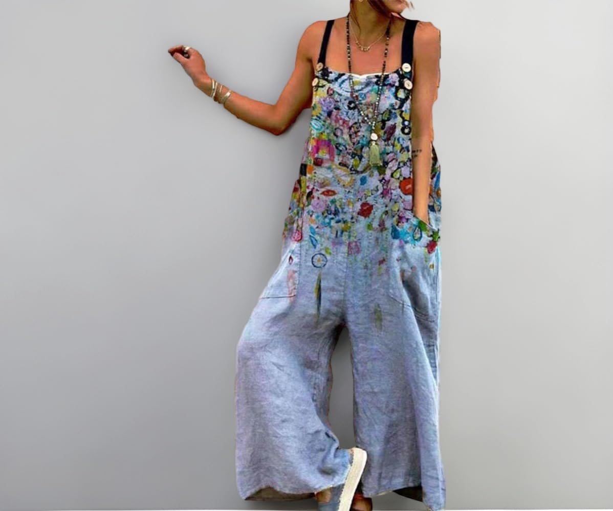 Jumpsuits For Women - Summer Blue Straps Overalls Ladies Casual Sleeveless Big Pocket Loose Playsuits Oversized Vintage Beach Wide Leg Straight Jumpsuits