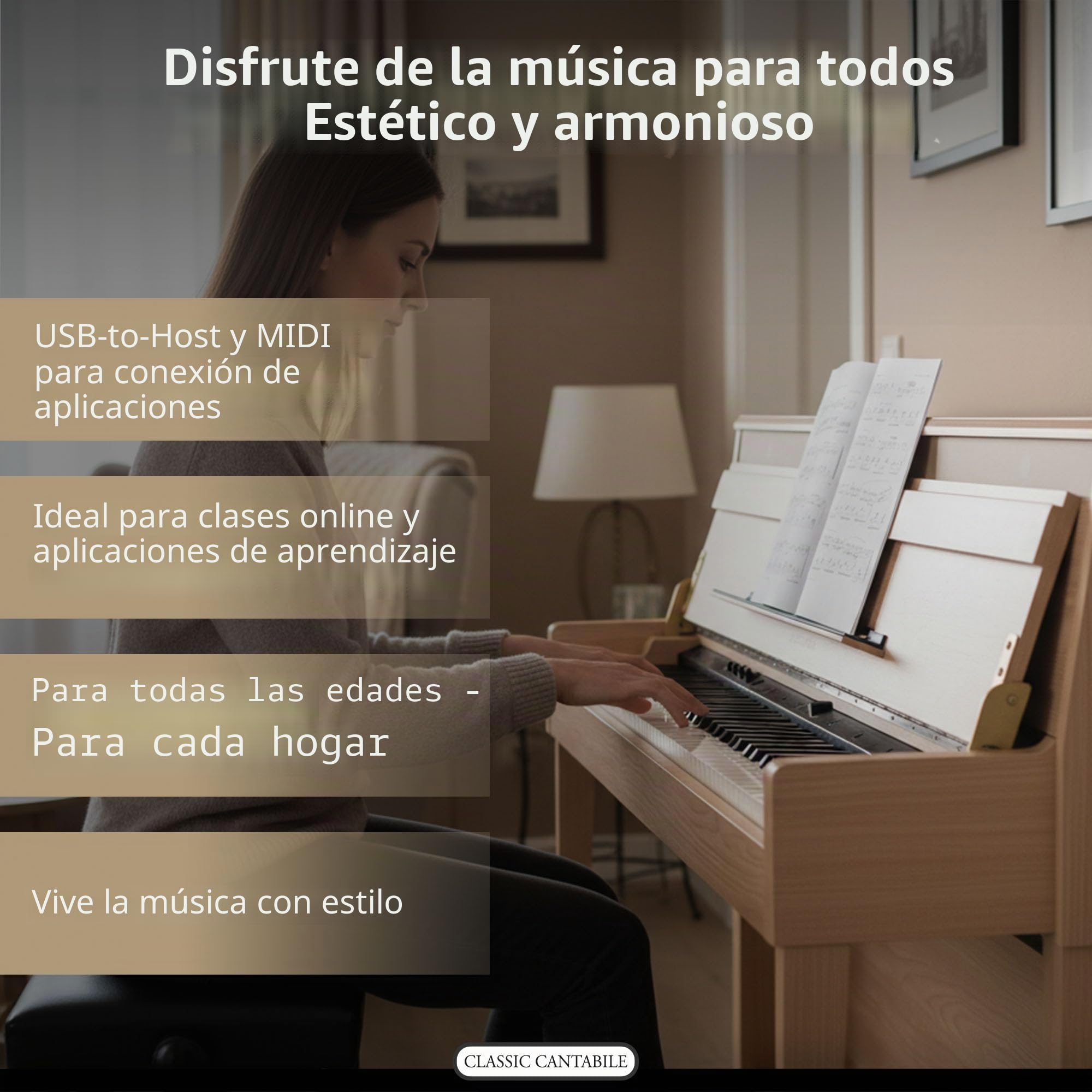 Classic Cantabile UP-1 LA Piano Vertical Digital - 88 Teclas con Peso - Teclado electronico con USB, MIDI, 40 voces, 256 polifonía - Organo musical Set con Banqueta y Auriculares - Roble Claro