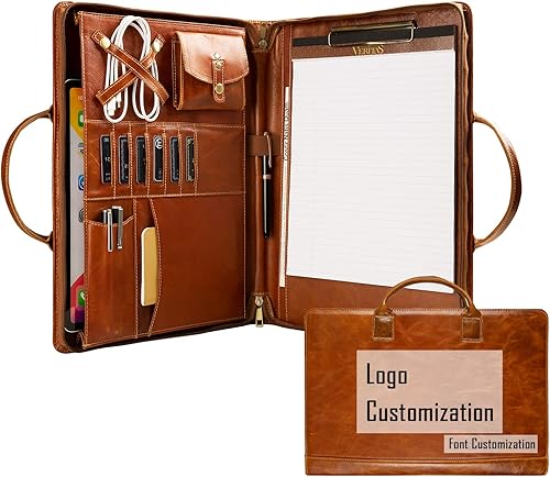 Miniatura 8 de Cartera de piel auténtica, organizador de padfolio con asa, Padfolio personalizado, Padfolio con cremallera para hombres y mujeres, adecuado para