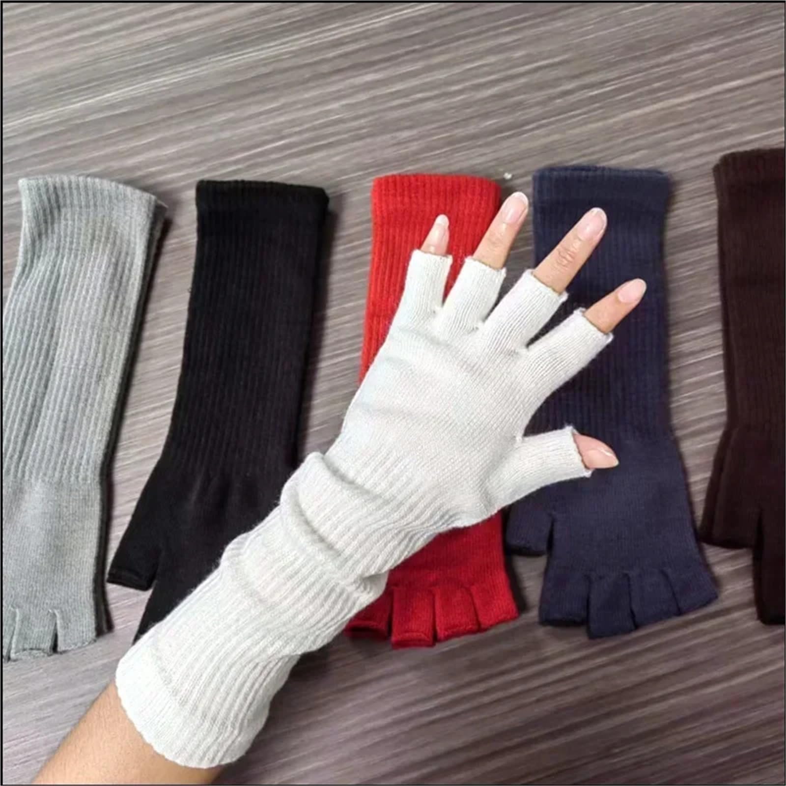 3 pares elásticos de muñeca larga Color sólido guantes escritura medio dedo cálidos sin dedos a prueba frío Para Correr, Ciclismo, Conducir
