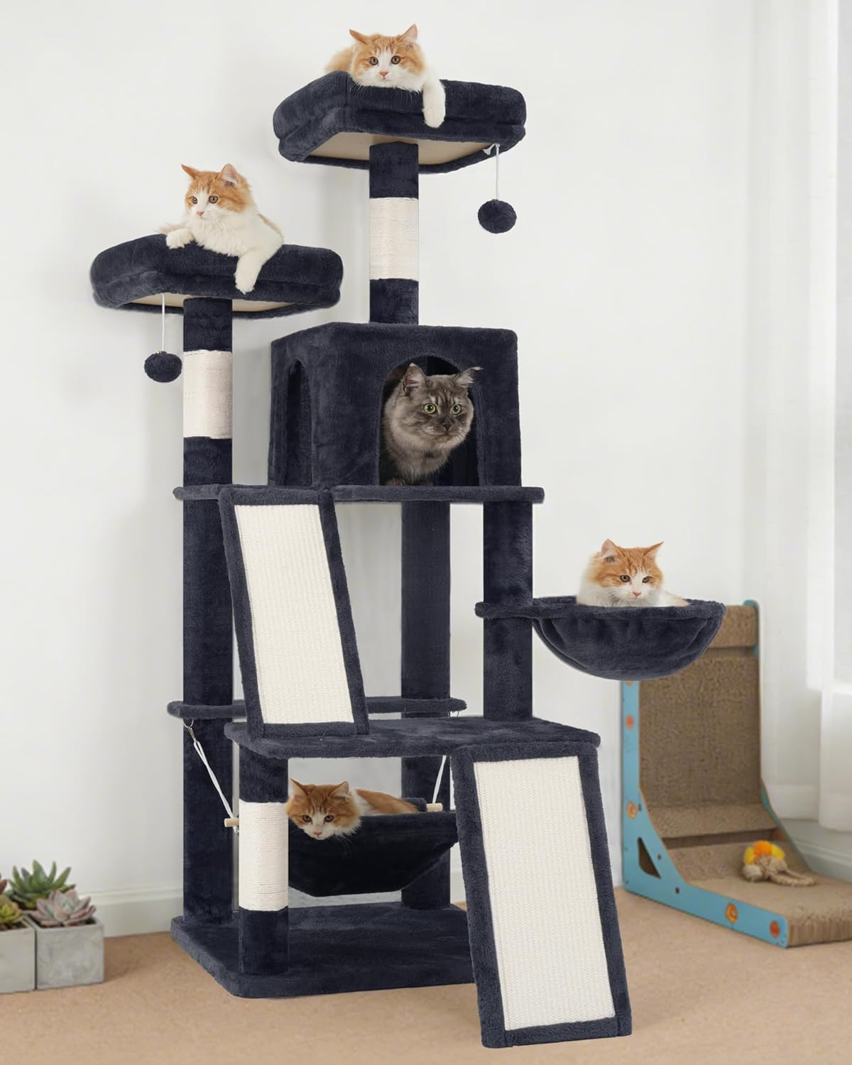 Gitelsnour Multi-Level Cat Tree for Indoor Cats, Cat Tower with 2 Scratching Boards, 2 Plush Padding Platforms, Cat Condo House with Hammock, Basket, Smoky Gray GCT022G