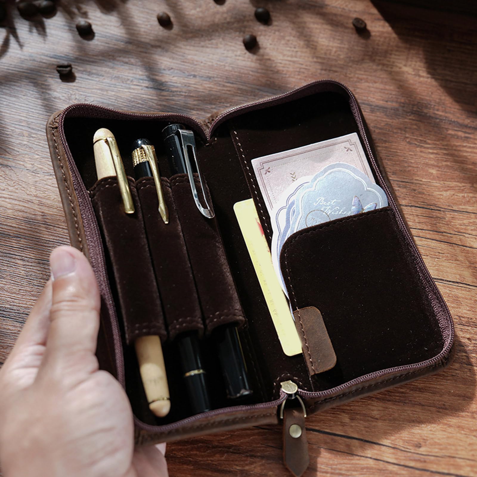 Estuche de cuero para pluma estilográfica con 3 ranuras divididas, gran capacidad, bolsa de papelería, suministros escolares y de oficina, Color café