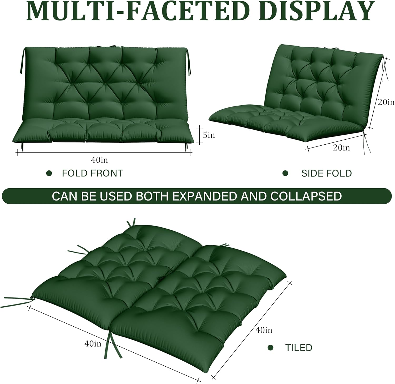 Porch Swing Cushion with Backrest,Waterproof Bench Cushion for Outdoor Furniture,2-3 Seater Replacement Thickened 5 in swing cushion,with Ties,Patio,Outdoor,Backyard and Garden (Green,40x40 in)