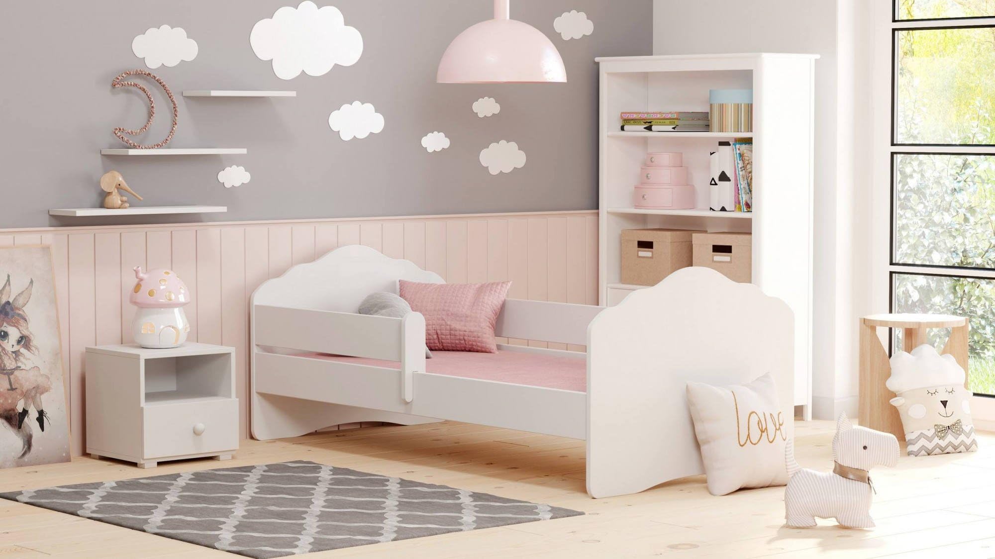 Dmora Einzelbett für Kinder, Kinderbett, Bett mit Rausfallschutz und Kopfteil in Wolke, 144 x 78 x 58 cm, Farbe Weiß