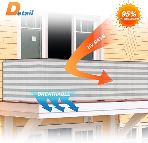 Miniatura 7 de TANG Cubierta de valla de privacidad de 3 pies x 12 pies con rayas blancas y grises, para balcón, 200GSM, resistente, parabrisas para apartamento,