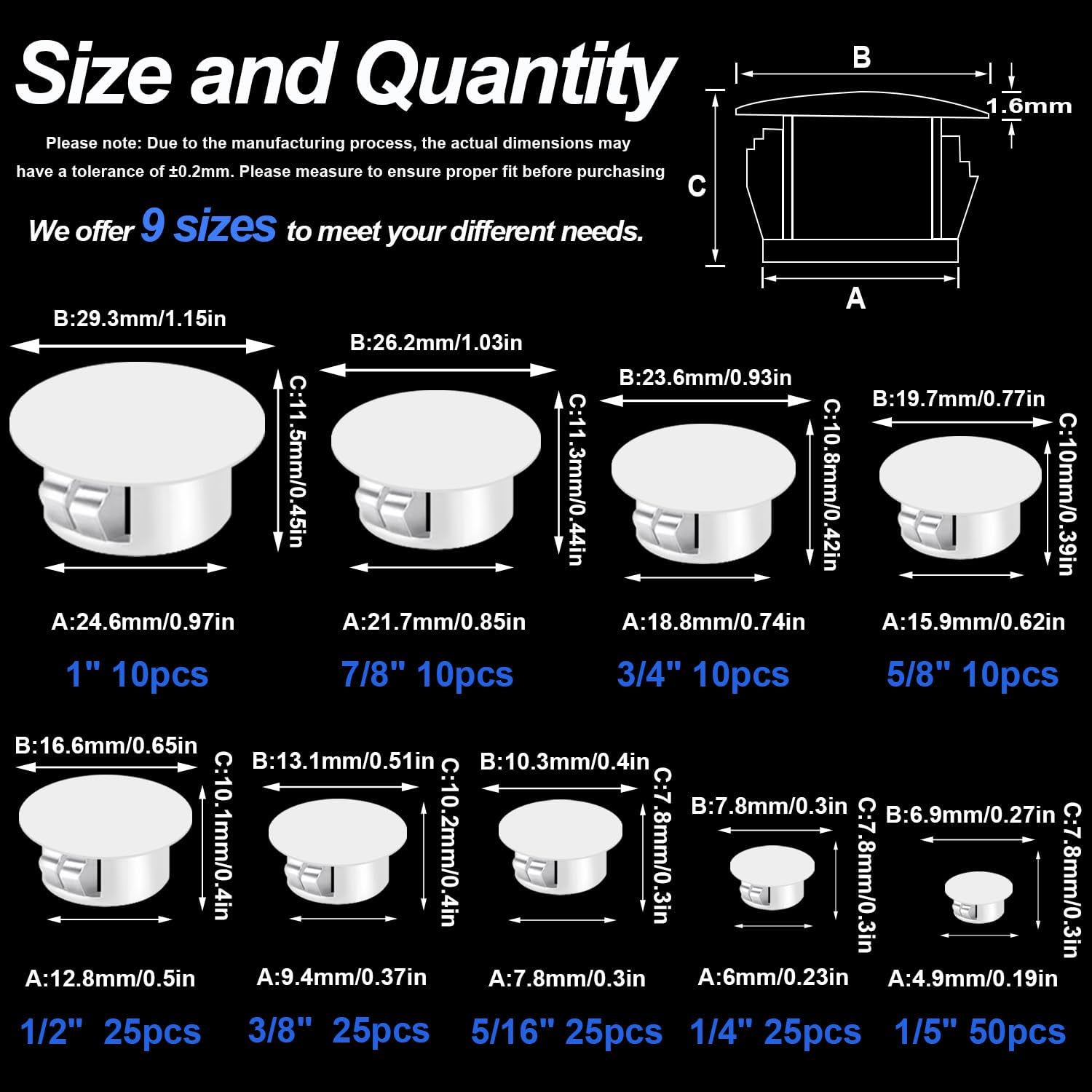 Tnisesm 190Pcs 9 Sizes Nylon Plastic Hole Plugs 1/5" 1/4" 5/16" 3/8" 1/2" 5/8" 3/4" 7/8" 1"Round Drill Hole, Flush Type Panel Knockout Locking Plugs,Screw Covers for Furniture Cabinet Insert End Caps
