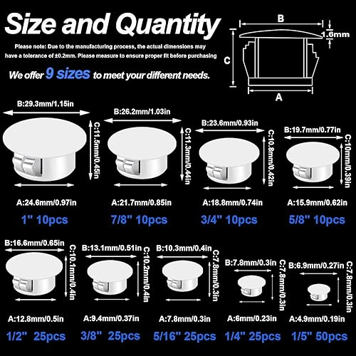 Vista 11 de Tnisesm 200 tapones de plástico de nailon de 8 tamaños, color negro de 1/4 pulgadas, 5/16 pulgadas, 3/8 pulgadas, 1/2 pulgadas, 5/8 pulgadas, 3/4