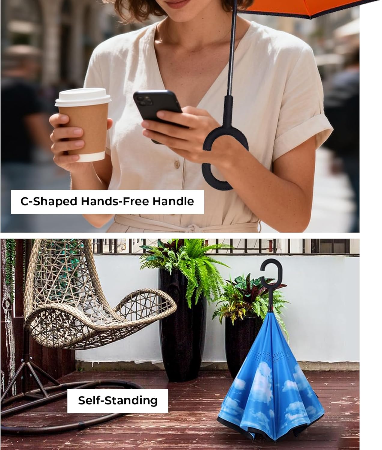 Inverted Umbrella, 49 Inch Double-Layer Vented Reverse Umbrella, Windproof Waterproof UV Protection, Lightweight C-Handle, Fiberglass Ribs, Steel Shaft, Travel/Commute/Car Use, With Sleeve - Image 7