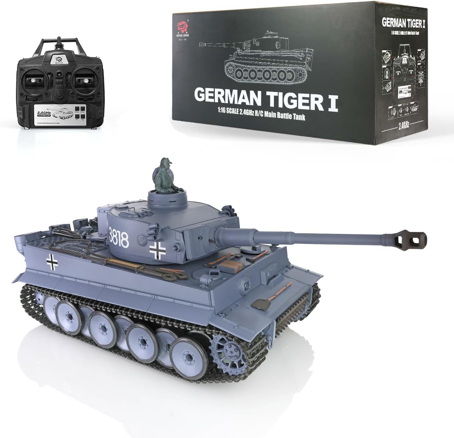 Heng Long German Tiger I RC Tank, remote controller, and product box.