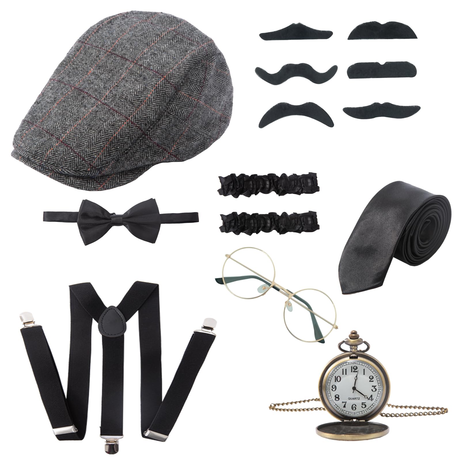 RAINDEWLL 1920s Mens Costume Gatsby Accessories for Men Newsboy Gangster Hat roaring 20s Costumes Accessories Set