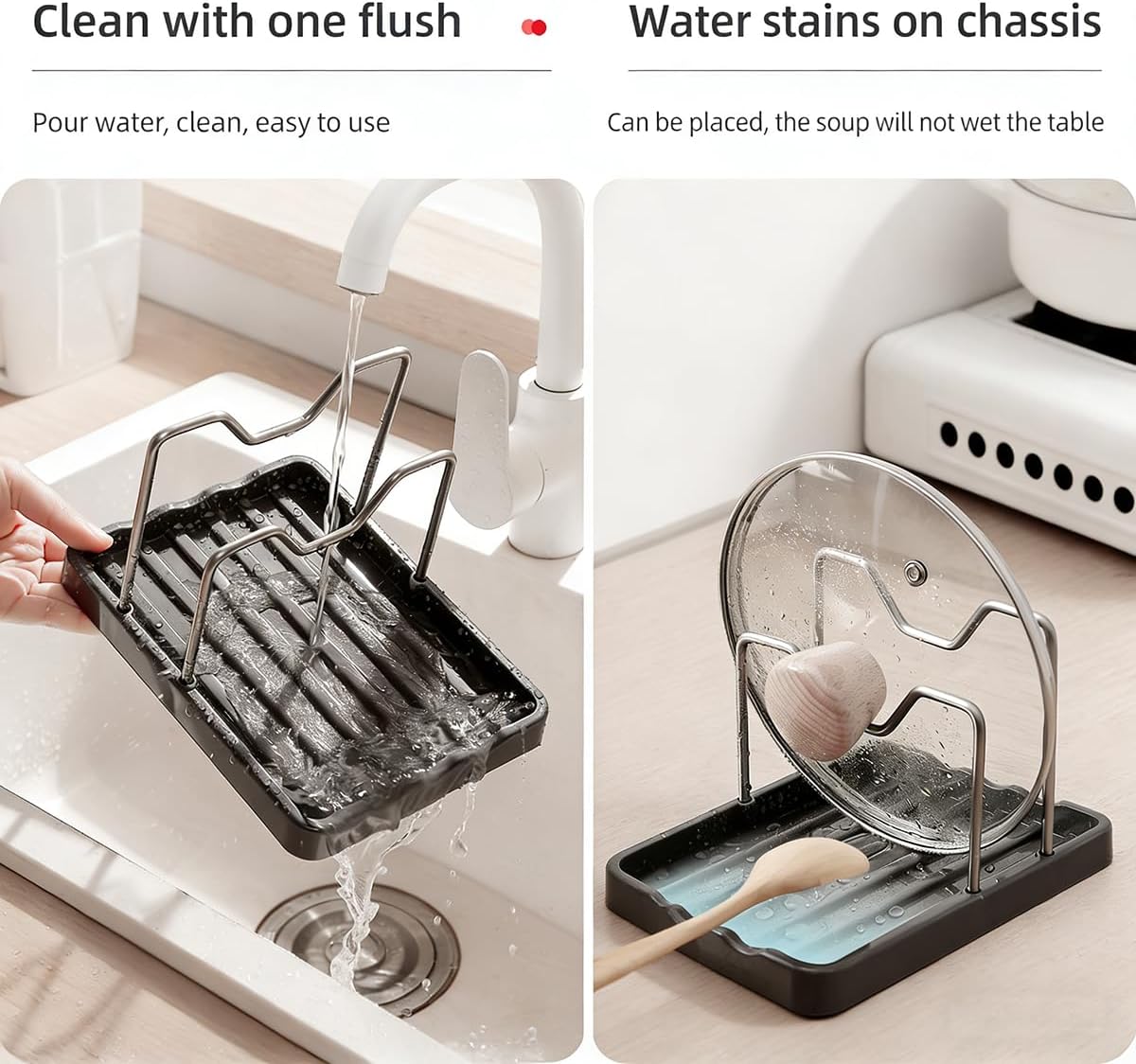 Pot lid Holder And Spoon Rest, 2 Layers Lid And Spoon Rest Pot Lid Organizer With Drip Tray, Multifunction Kitchen Gadget Rack For Cooking (Black) image 4